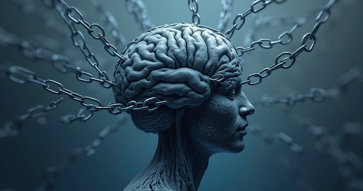 Cadeia de pensamentos conectados em tons de azul e cinza 