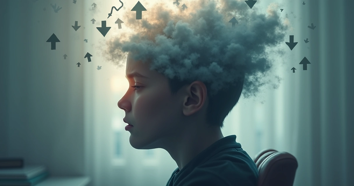 Cérebro de pessoa com pensamentos negativos representados por nuvens e setas escuras 