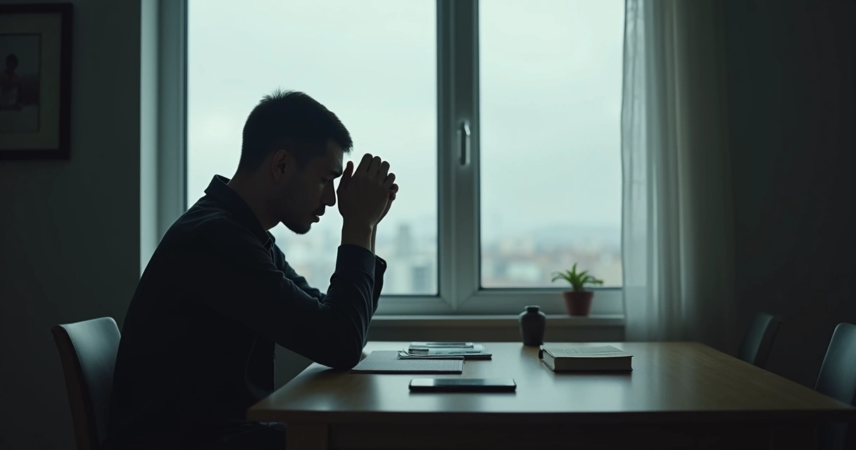 Persona sentada sola con expresión pensativa y silenciosa 