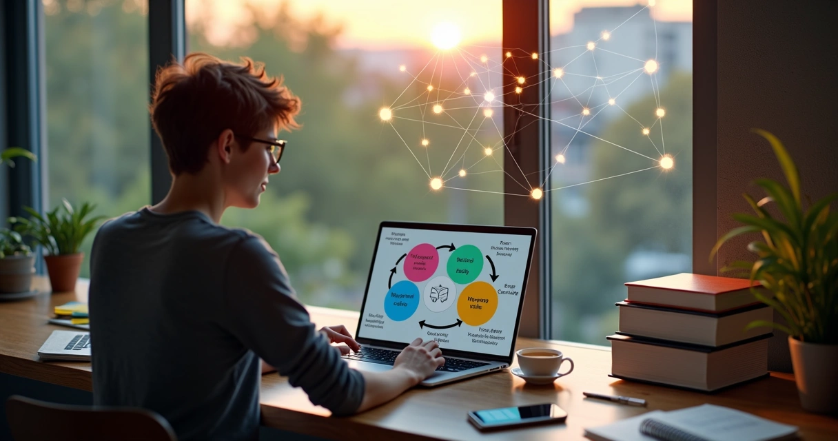 Persona observando un diagrama sistémico rodeado de elementos de la vida diaria 