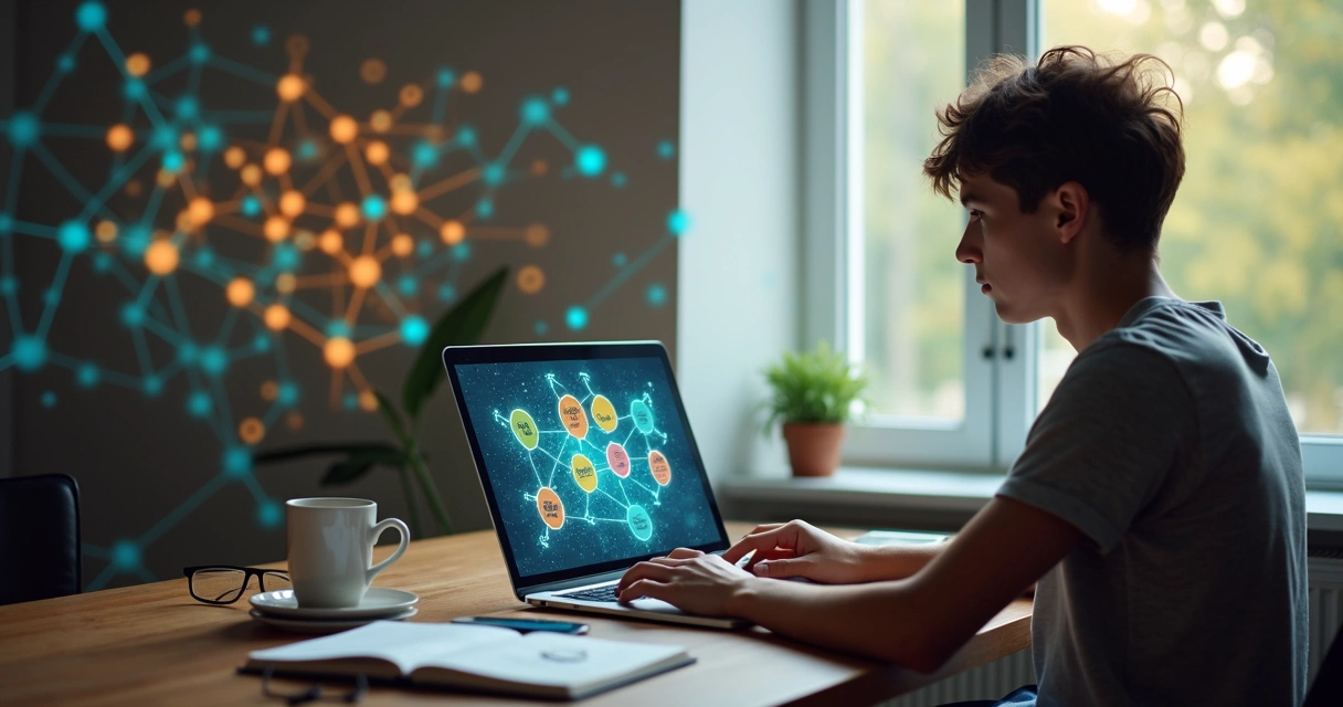 Persona observando un diagrama interconectado que representa pensamiento sistémico en la vida diaria 