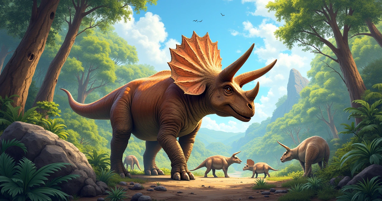 Ilustração de um dinossauro Pentaceratops em uma floresta pré-histórica, mostrando dinossauros interagindo socialmente.