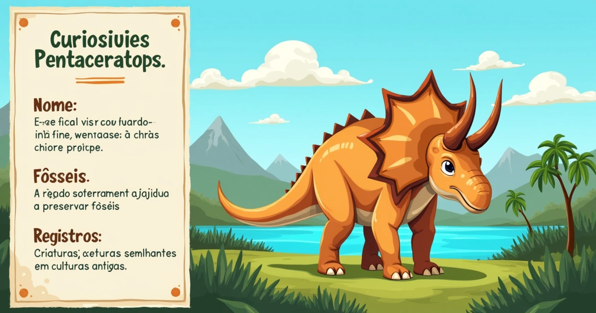 Ilustração do Pentaceratops em um vale pré-histórico com pontos de curiosidade destacados.