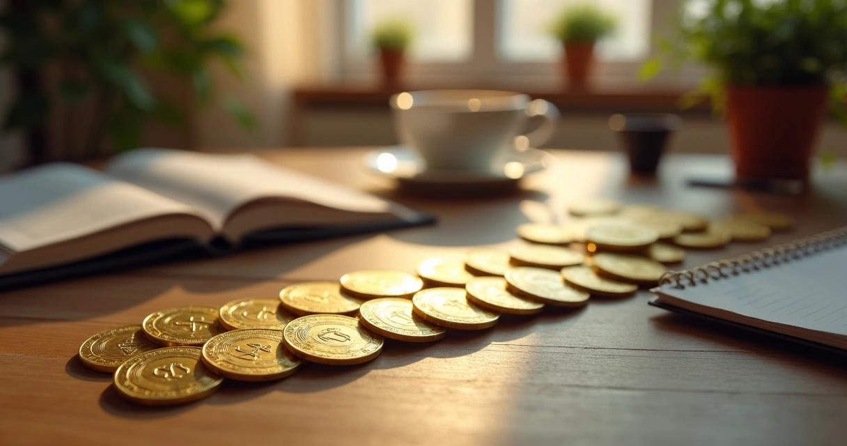 Pentacle coins neatly arranged on a wooden desk. 
