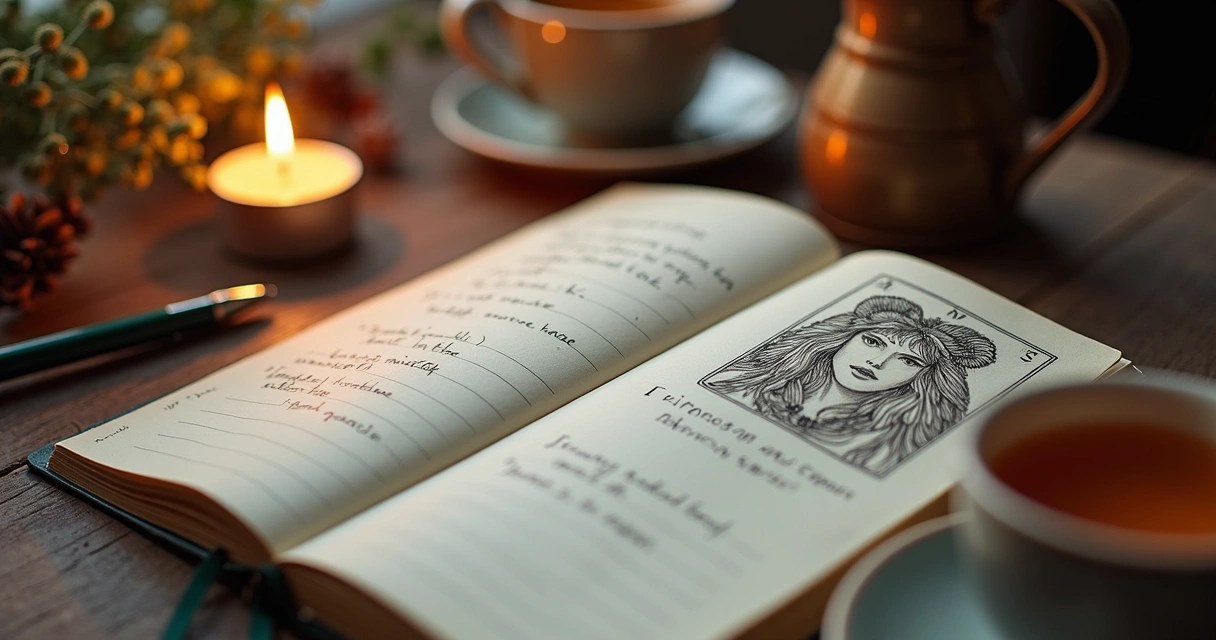 Tarot reflection journal with pen, candle, and cup of tea 