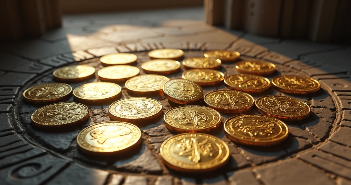 Ten golden coins arranged in a pentacle pattern on an ornate floor 