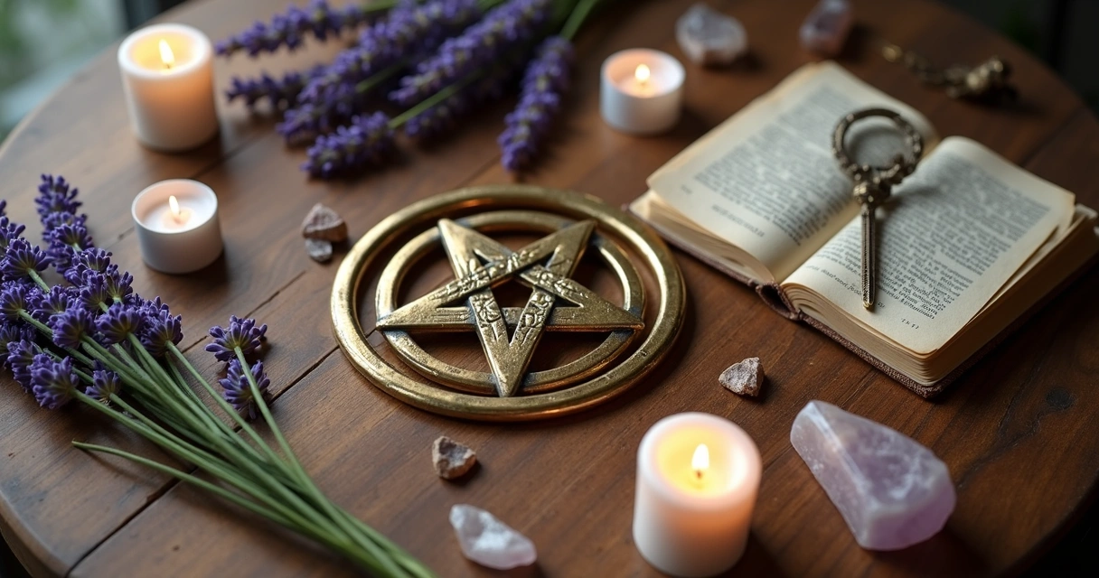 Pentagrama no centro de altar feminino com velas e flores, vista superior 