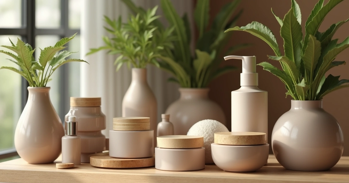 Produtos de beleza naturais e veganos em bancada de salão 