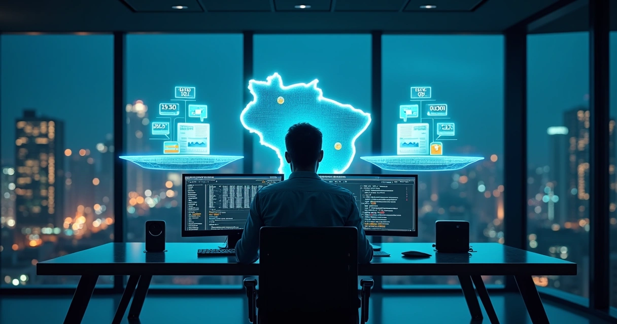 Analista de segurança avaliando custos de pentest em frente a balança digital e mapa do Brasil 