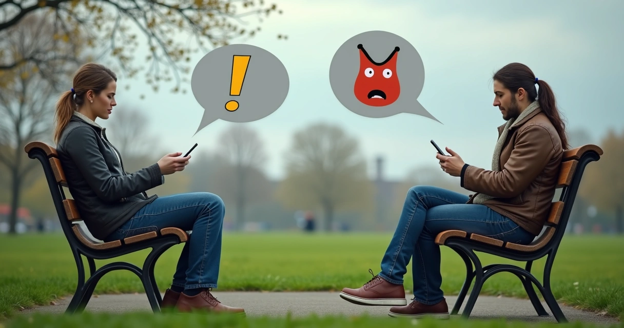Two people sitting back-to-back on benches, holding smartphones, surrounded by digital symbols of arguments 