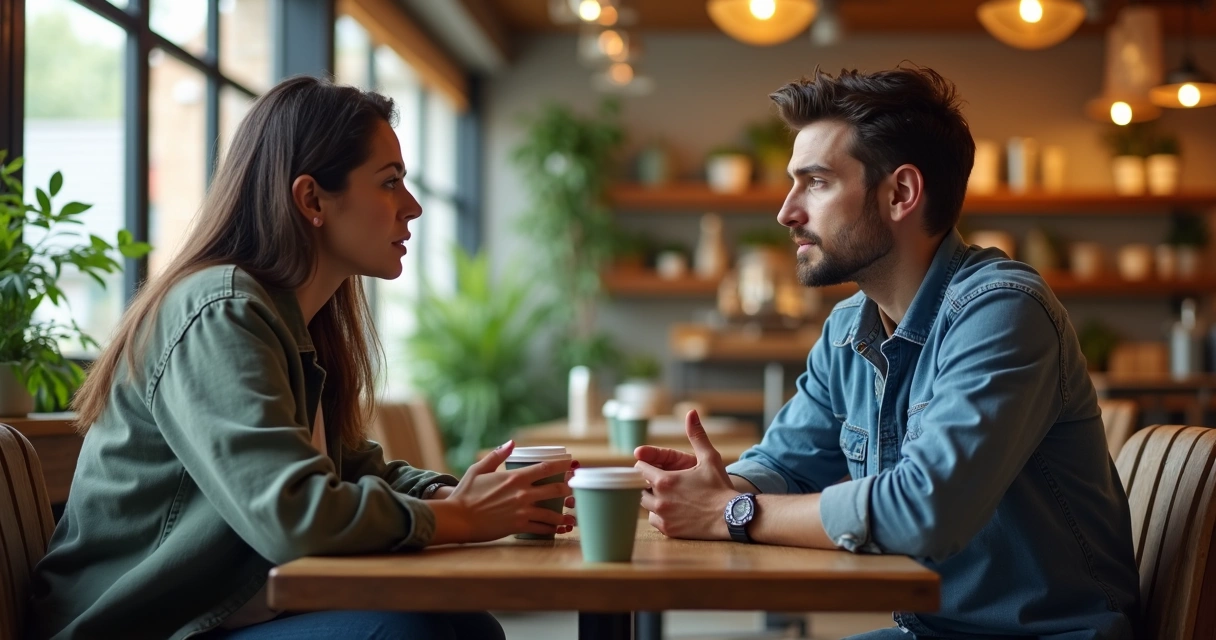 Two people at a coffee shop engaged in deep conversation 