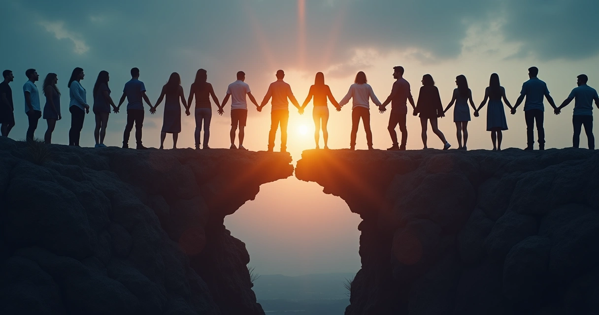 People forming human bridge with light in the center 