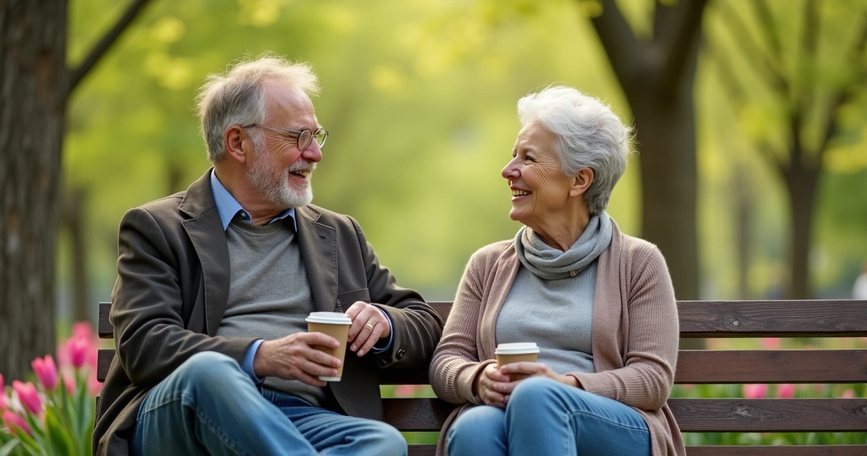 Two people talking and smiling near a city park bench