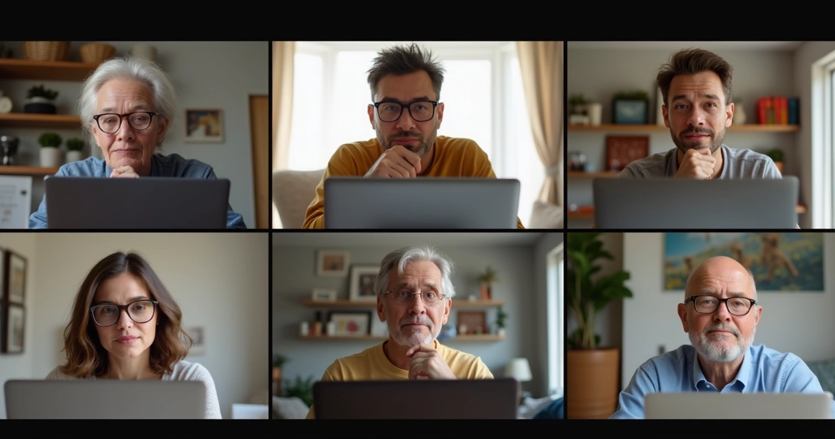 Group video call with diverse people on laptops 