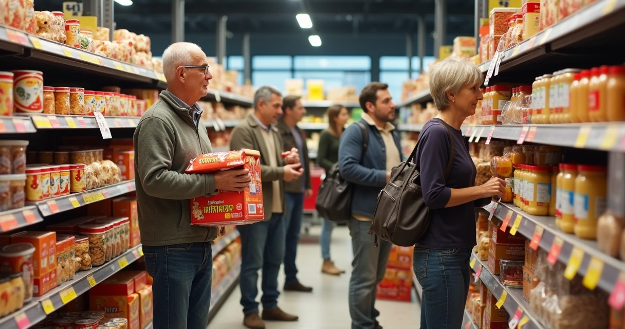 Shoppers comparing grocery prices in a supermarket aisle