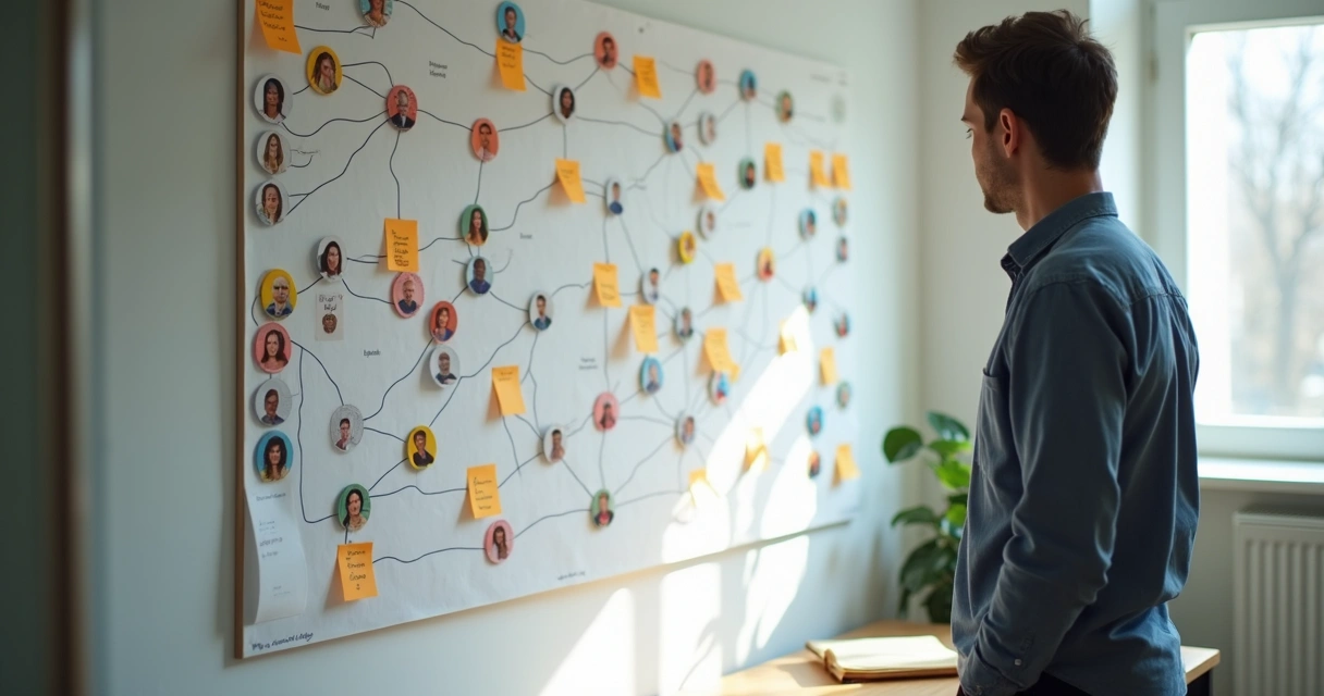 Wall chart with lines connecting people, notes, and colored markers