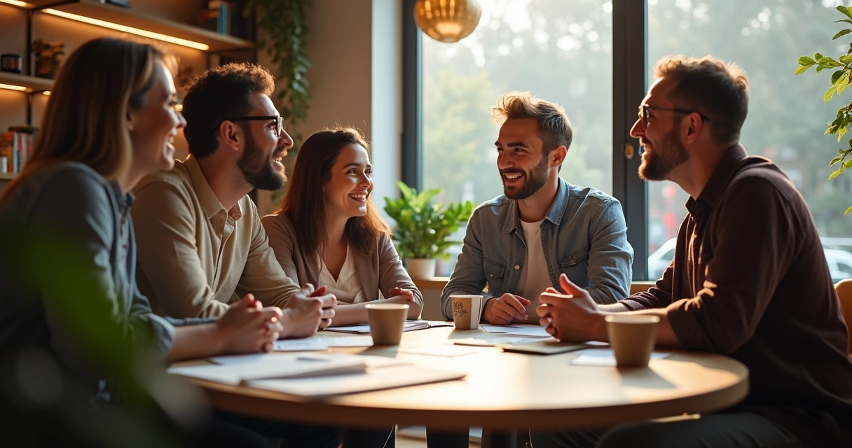 Group talking around a cafe table with newspapers 