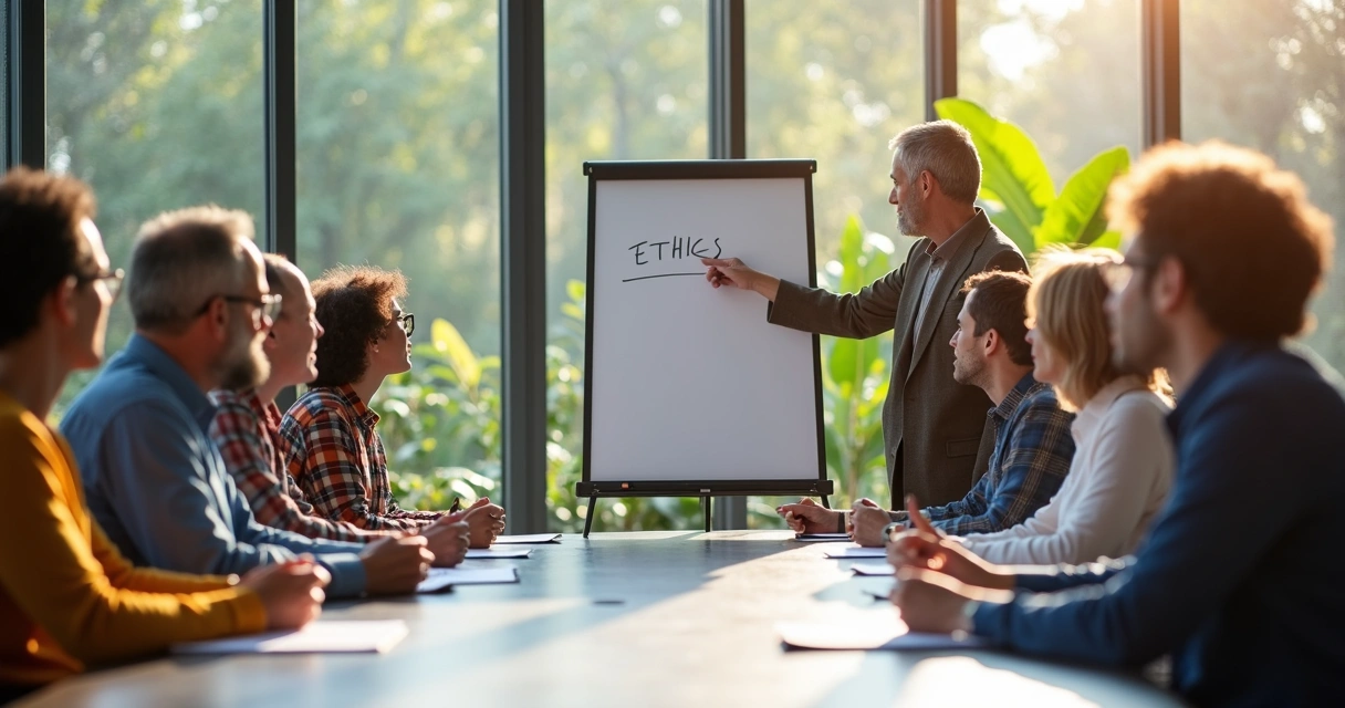Group in modern meeting room talking about ethics