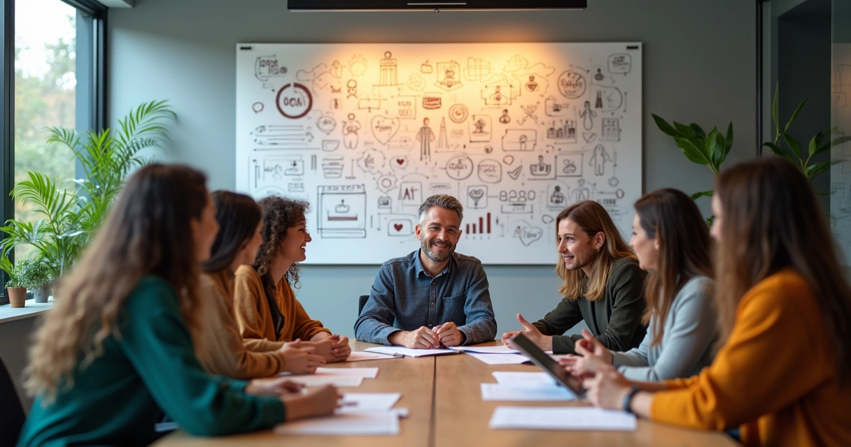 Group of diverse people discussing values and impact around a table