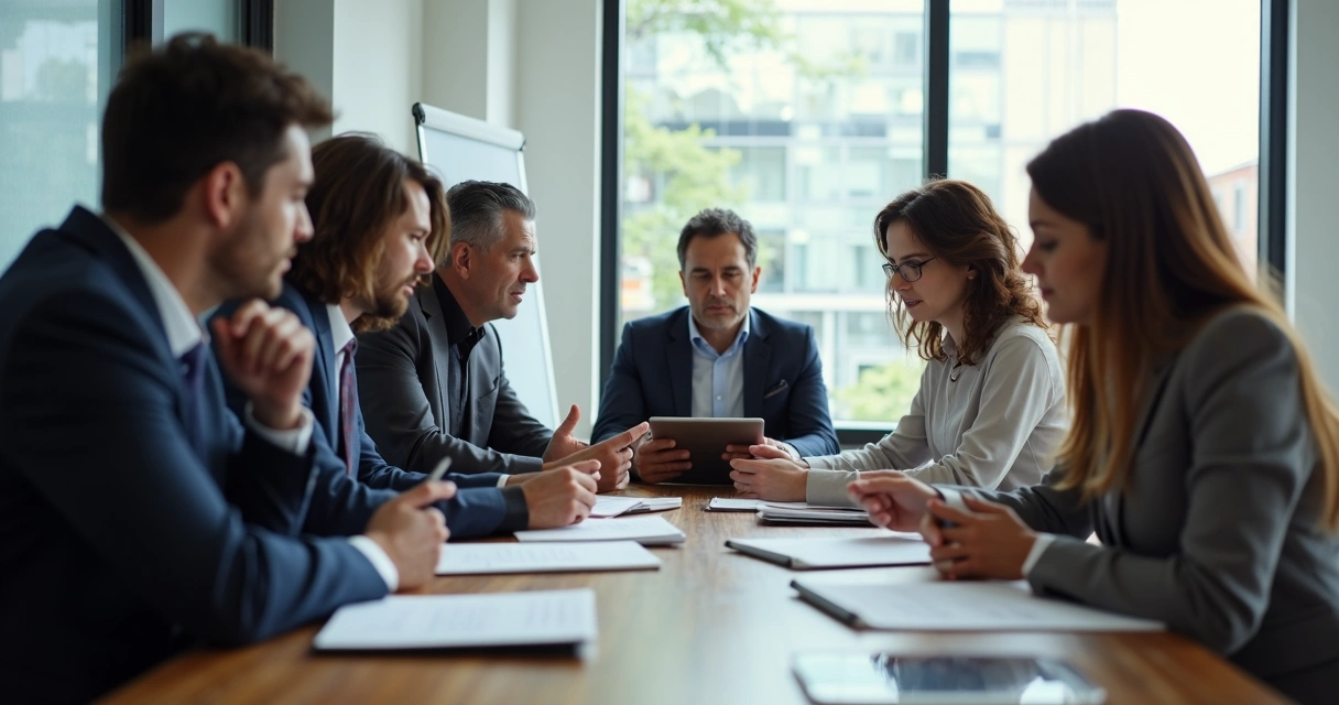 Business team around table discussing ethical issues 