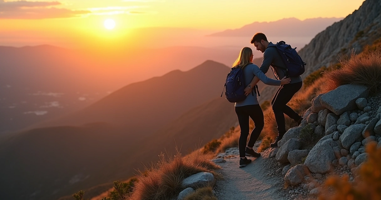 Two people helping each other climb up a mountain.