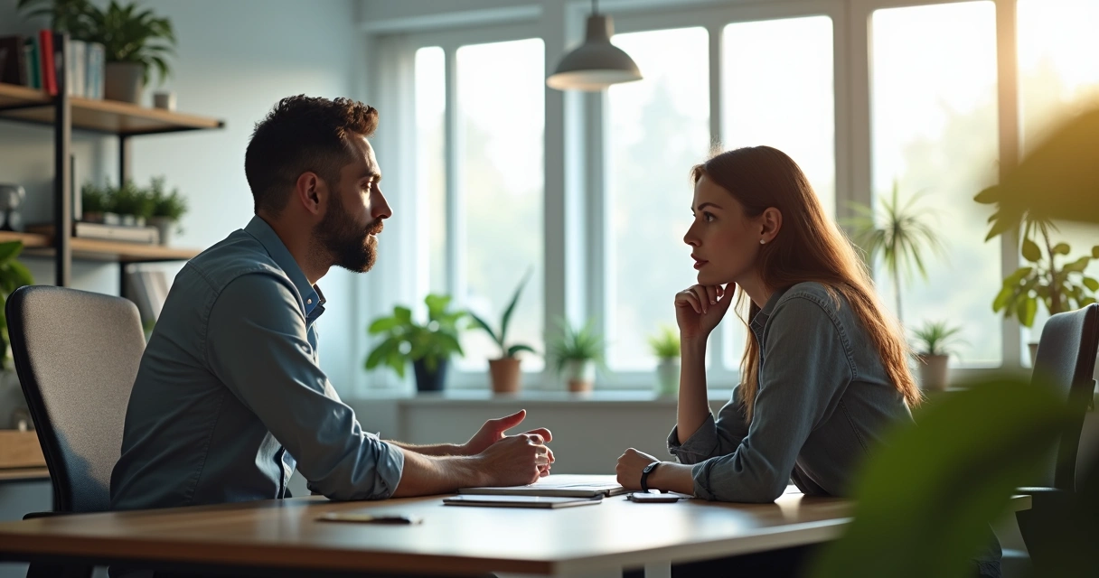 Two people in a bright office having a thoughtful conversation