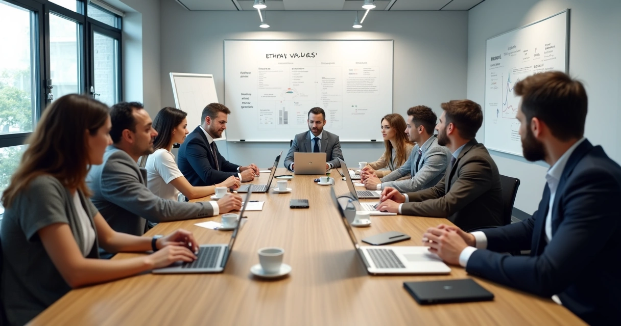 Business meeting with diverse professionals discussing decisions at a table 