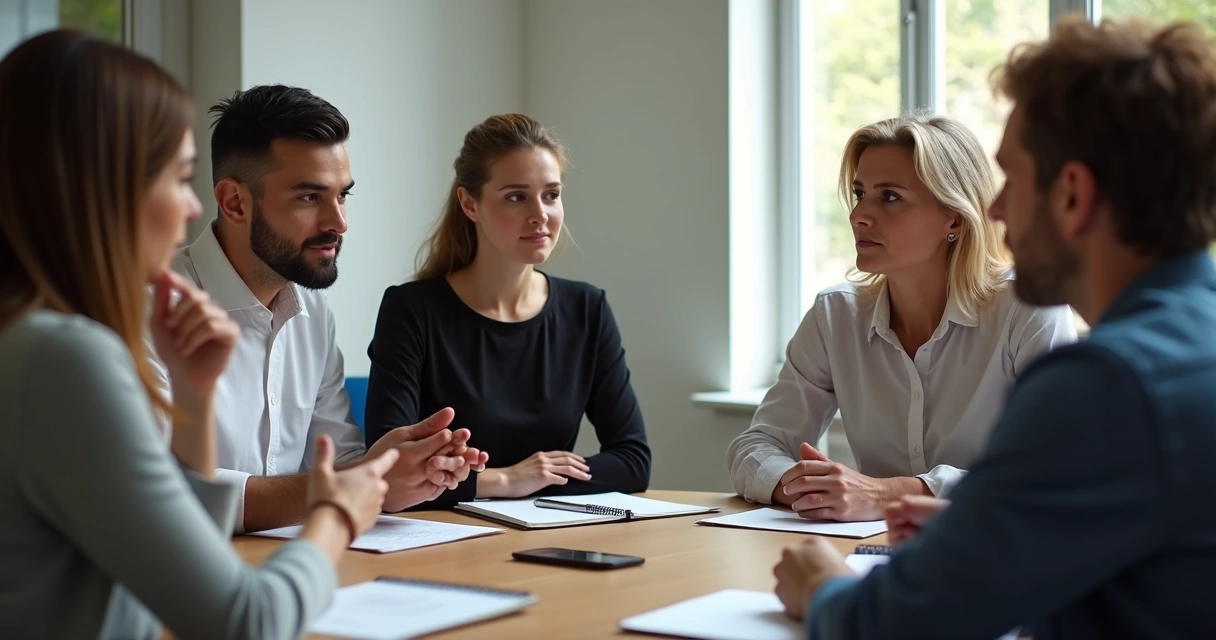 Group in discussion, one person offers feedback to another 