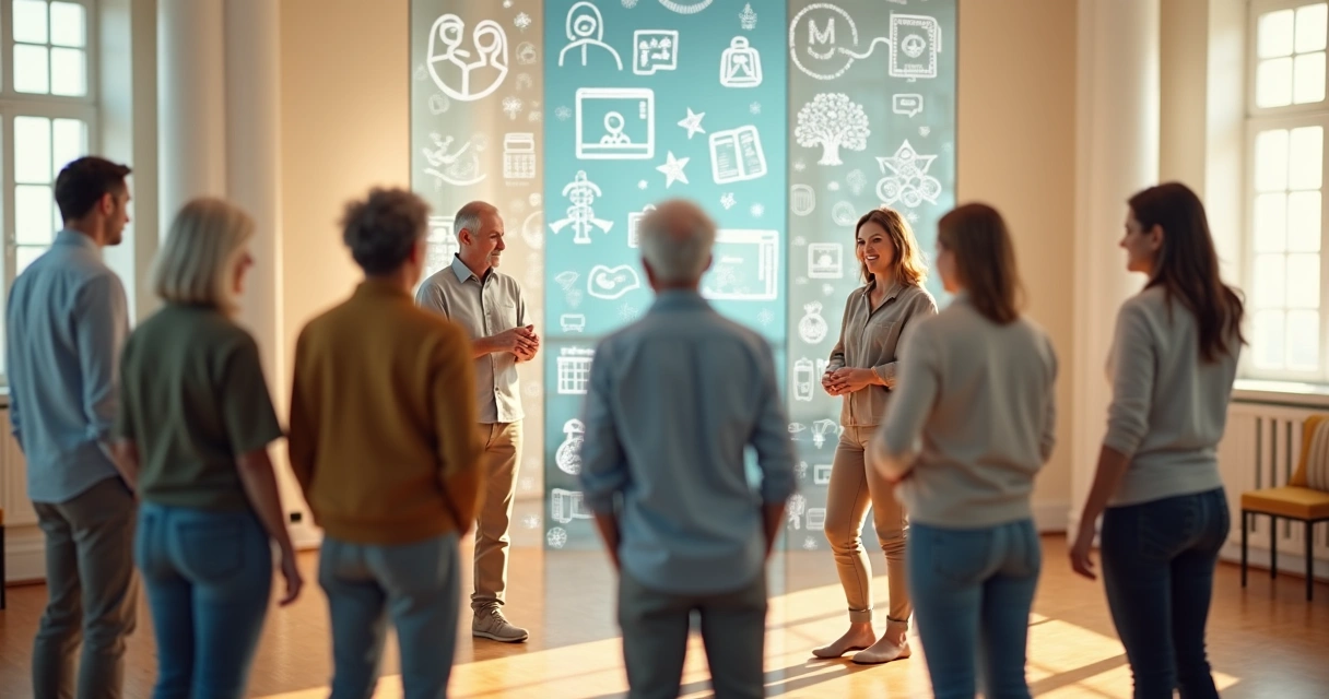 People standing in a circle around reflective surfaces 