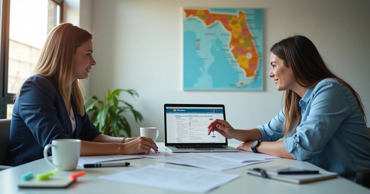 People reviewing printed Florida business documents at a desk
