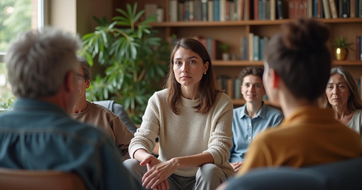 Group of people sitting together, showing empathy through supportive body language