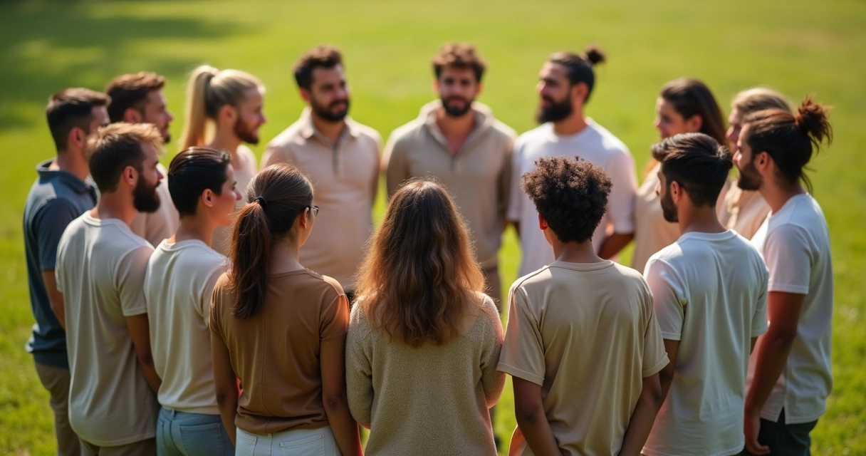 Group of people standing in a circle facing each other 