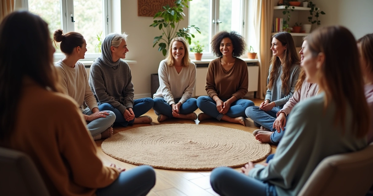 Supportive group of people sitting in a circle 