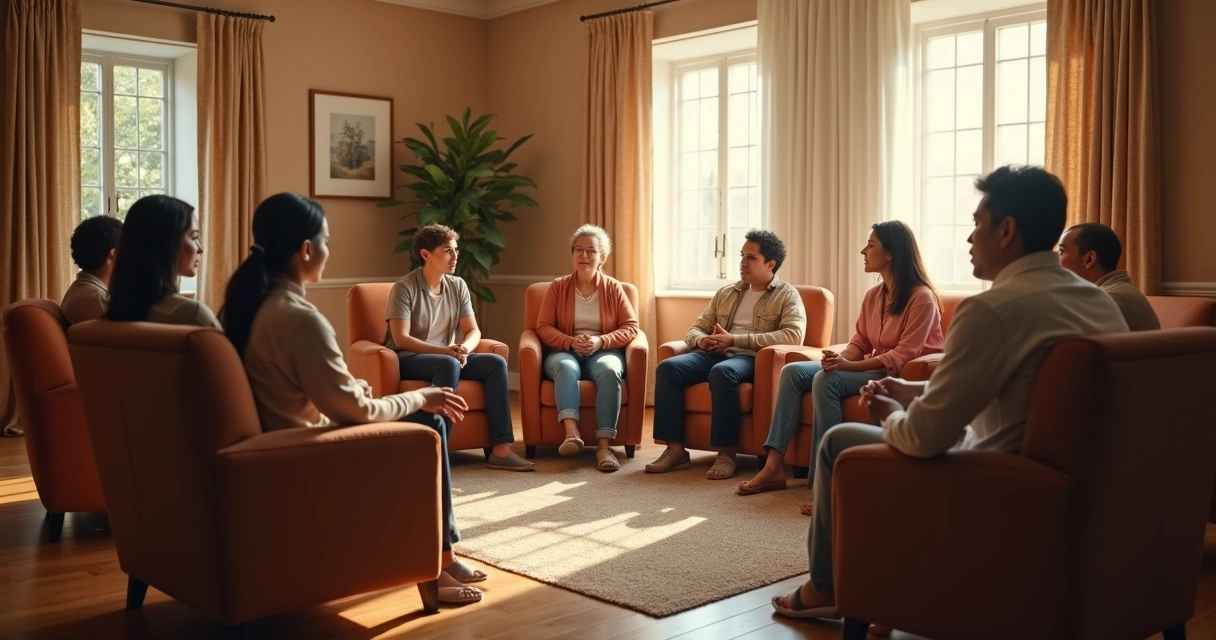 Group of people sitting in a circle, sharing and listening 