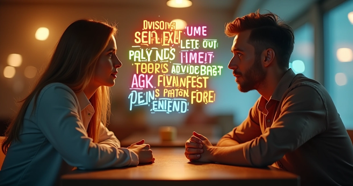Two people talking with colorful words floating between them 