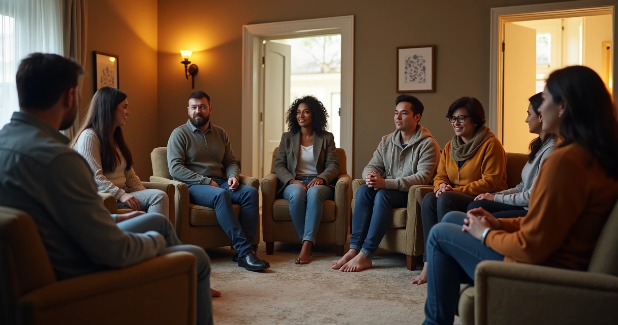Group of diverse people sitting in a circle, supporting each other, with one person speaking and others listening empathetically.