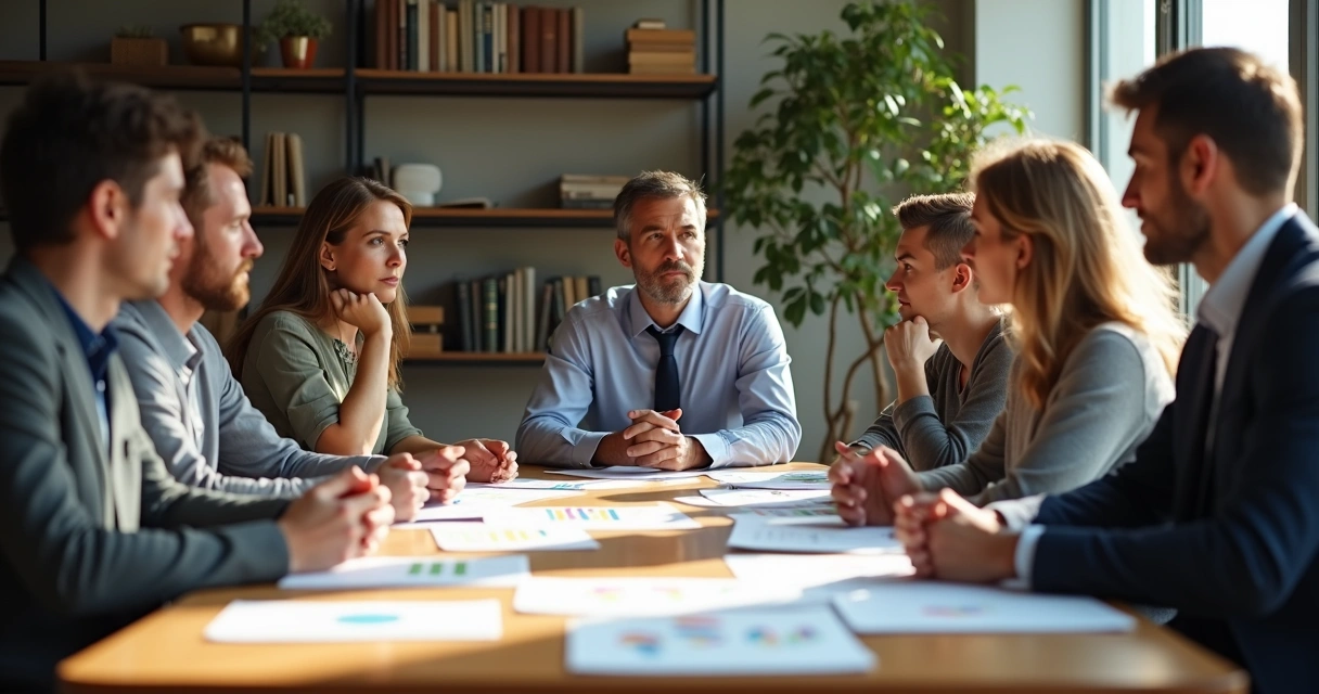 Group of people in deep discussion around a table with papers and charts. 