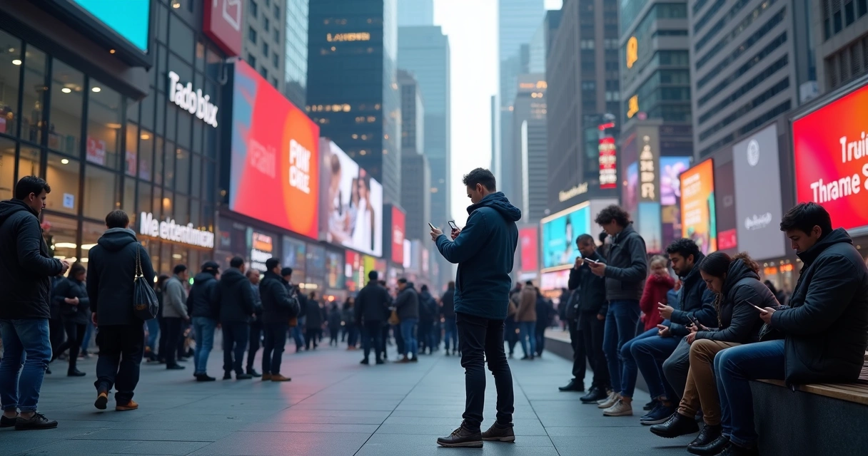 People using phones in crowded urban space