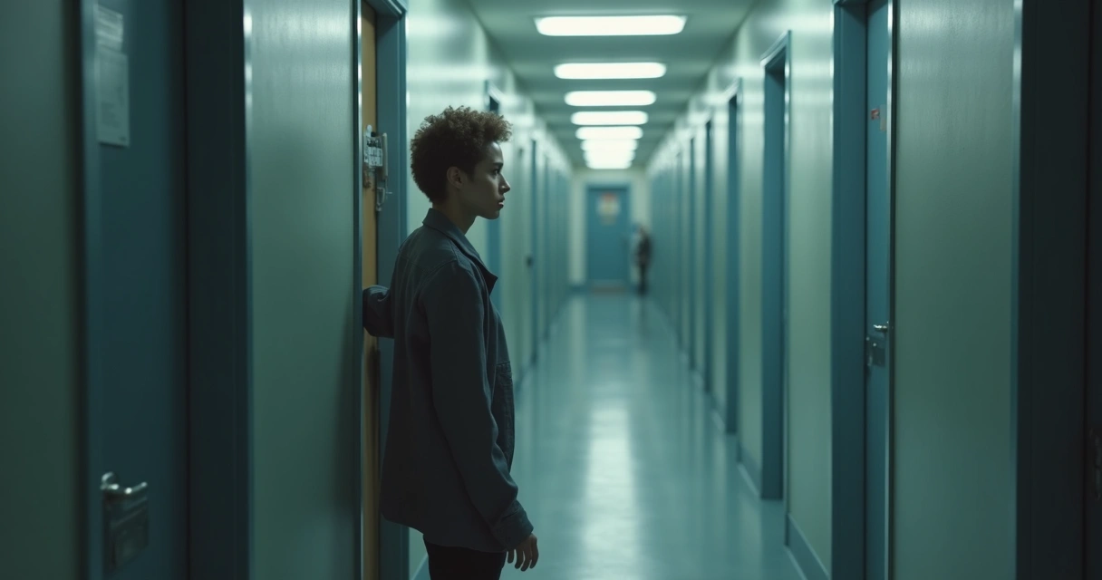 Pessoa parada em um corredor, rodeada por portas fechadas, com feições pensativas