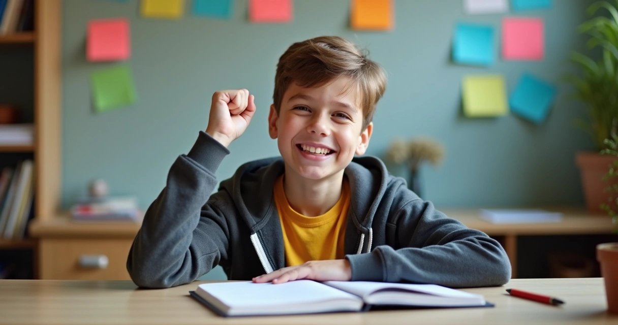 Jovem sorrindo e levantando o punho em comemoração discreta.