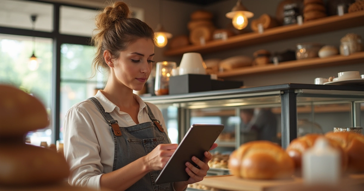 Dona de pequena empresa usando tablet perto do caixa 