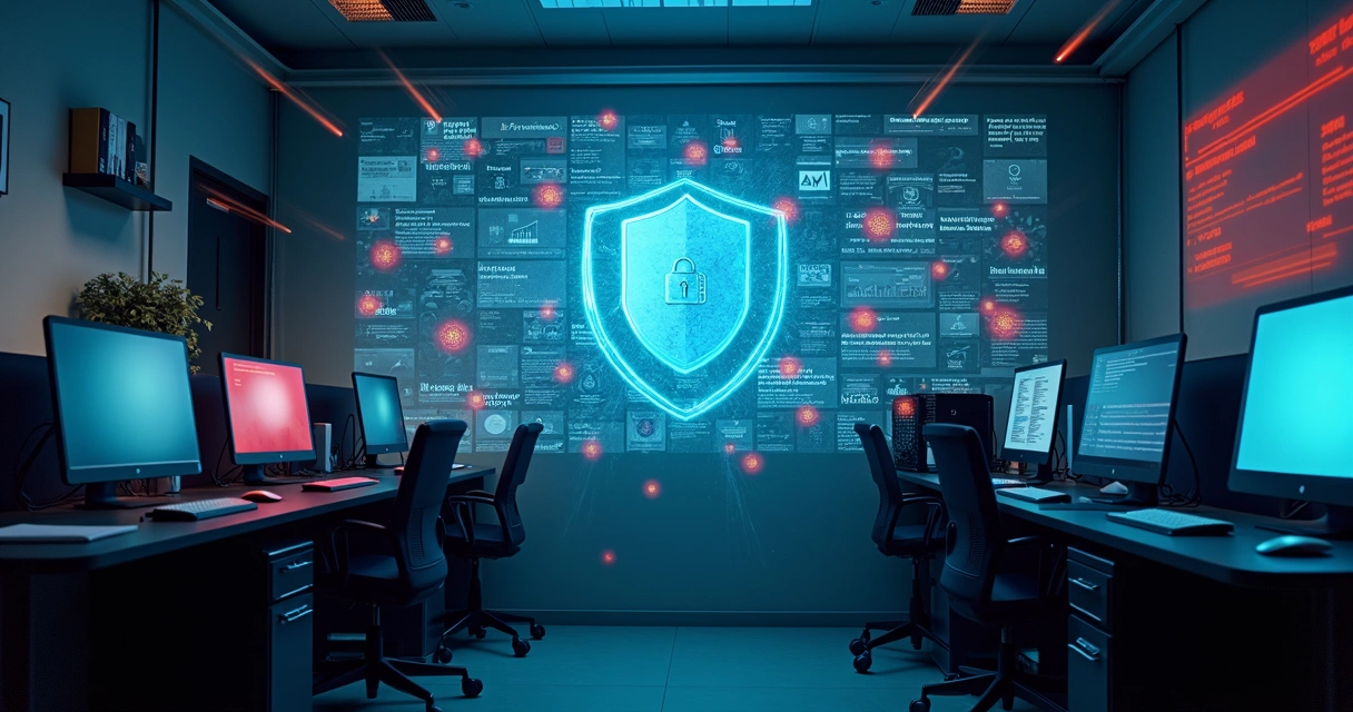 Pequena sala de TI com danos digitais projetados nas paredes 