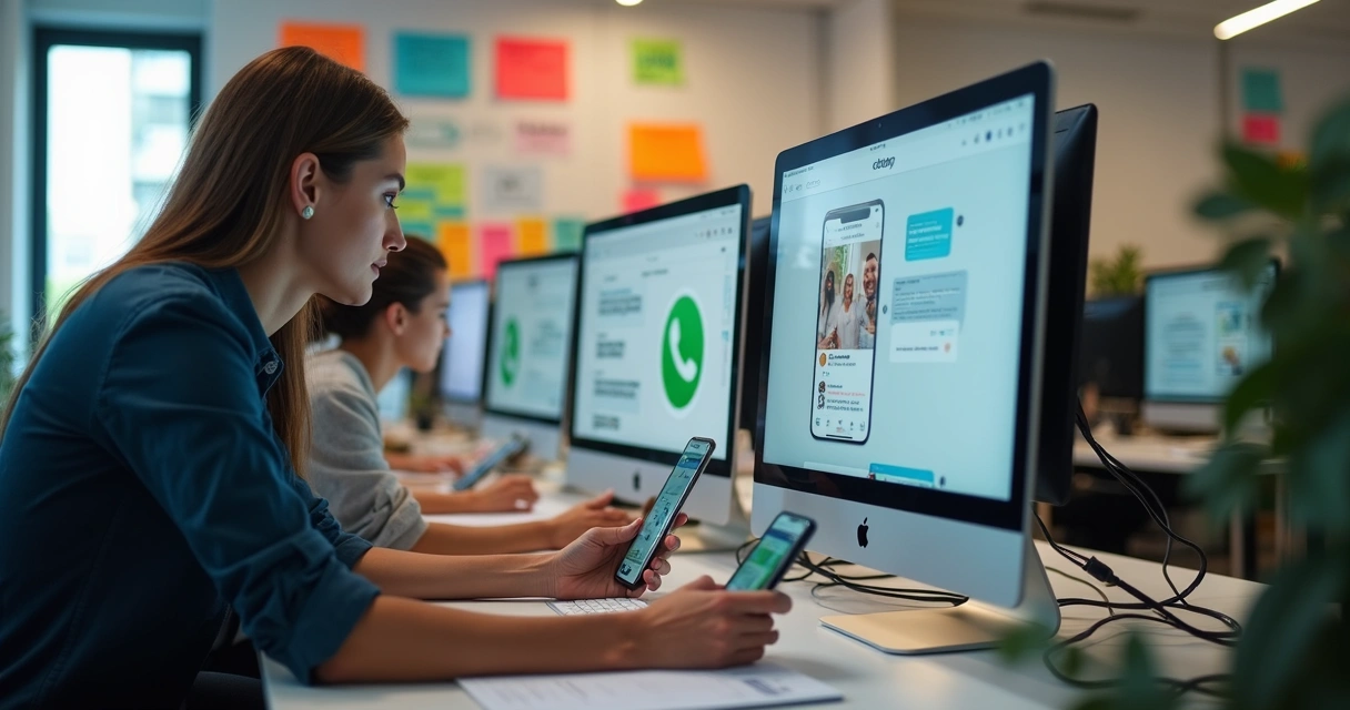 Equipe de PME com computadores e celulares digitando, telas mostrando múltiplos canais de comunicação 