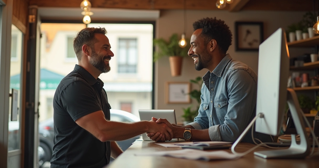 Cliente satisfeito apertando a mão do vendedor após fechamento de venda com CRM