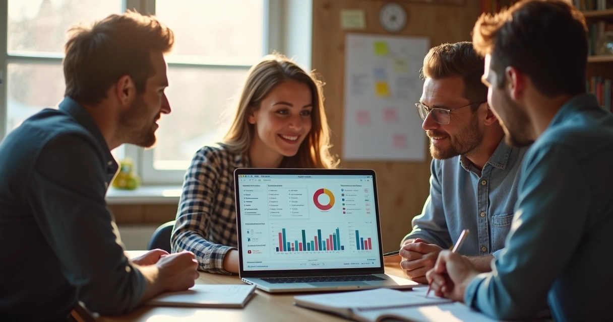 Equipe pequena reunida em torno de notebook usando CRM