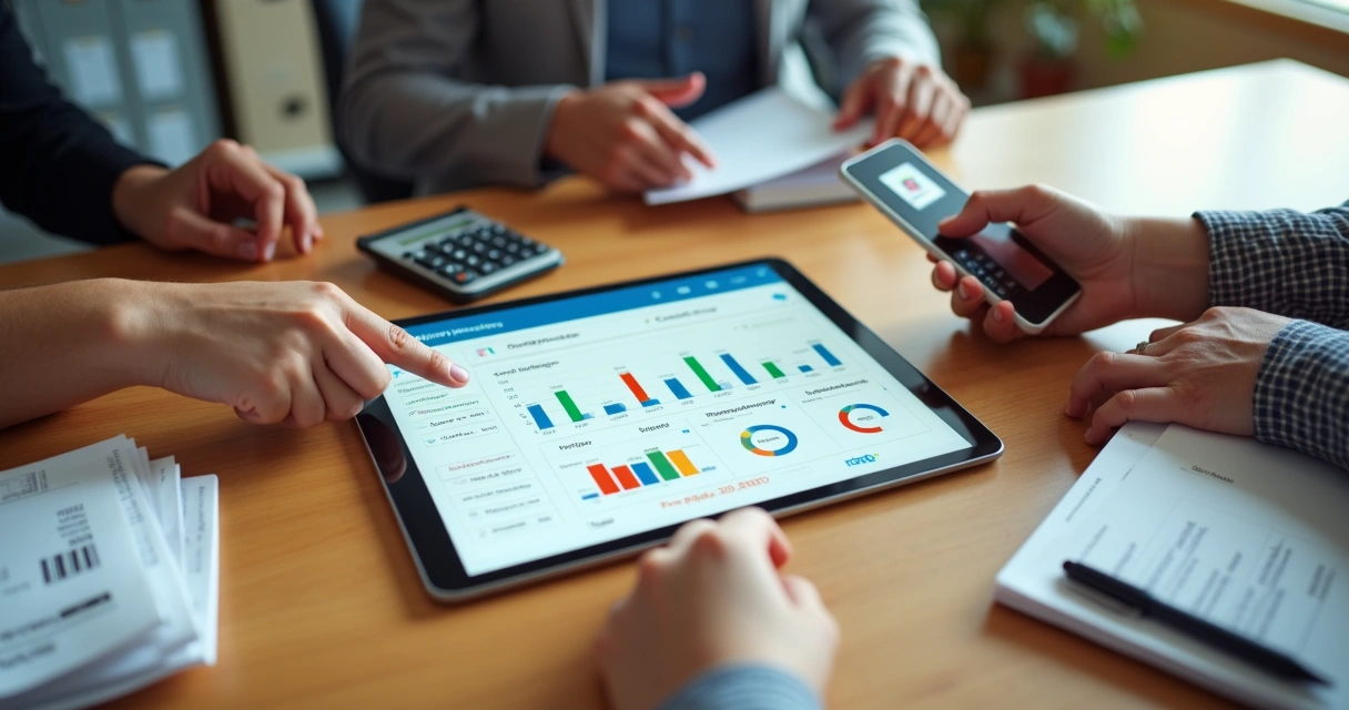 Equipe de pequena empresa analisando painel digital de cobranças e pagamentos em tablet na mesa de trabalho 