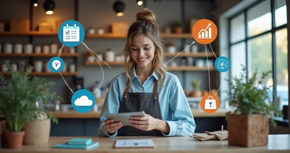 Loja pequena com elementos digitais mostrando automação