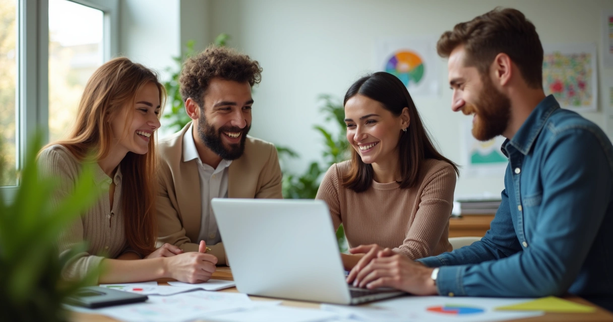 Equipe de pequena empresa preparando envio de e-mails 