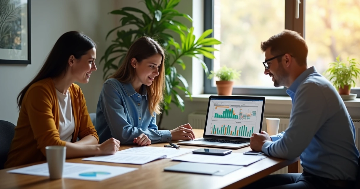 Equipe de pequena empresa analisando dados financeiros em uma mesa 