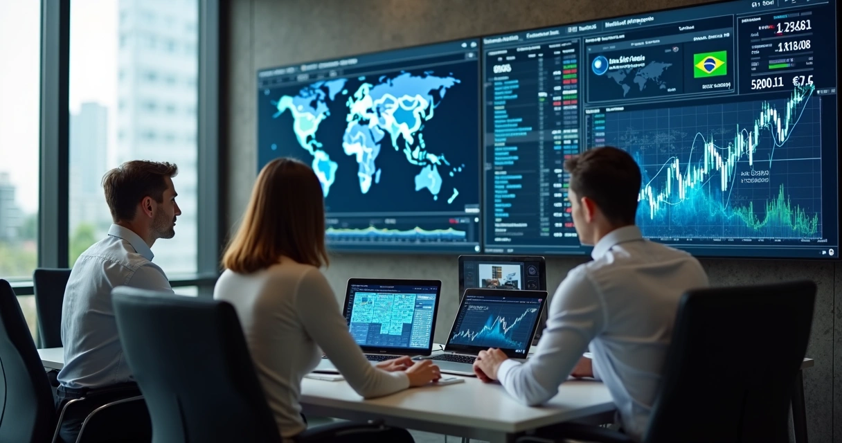 Equipe de pequena empresa usando IA em setor financeiro 